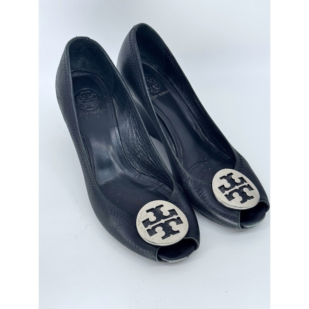 Tory Burch Wedge Heels Women 5 Black Leather Peep Toe Logo Medallion